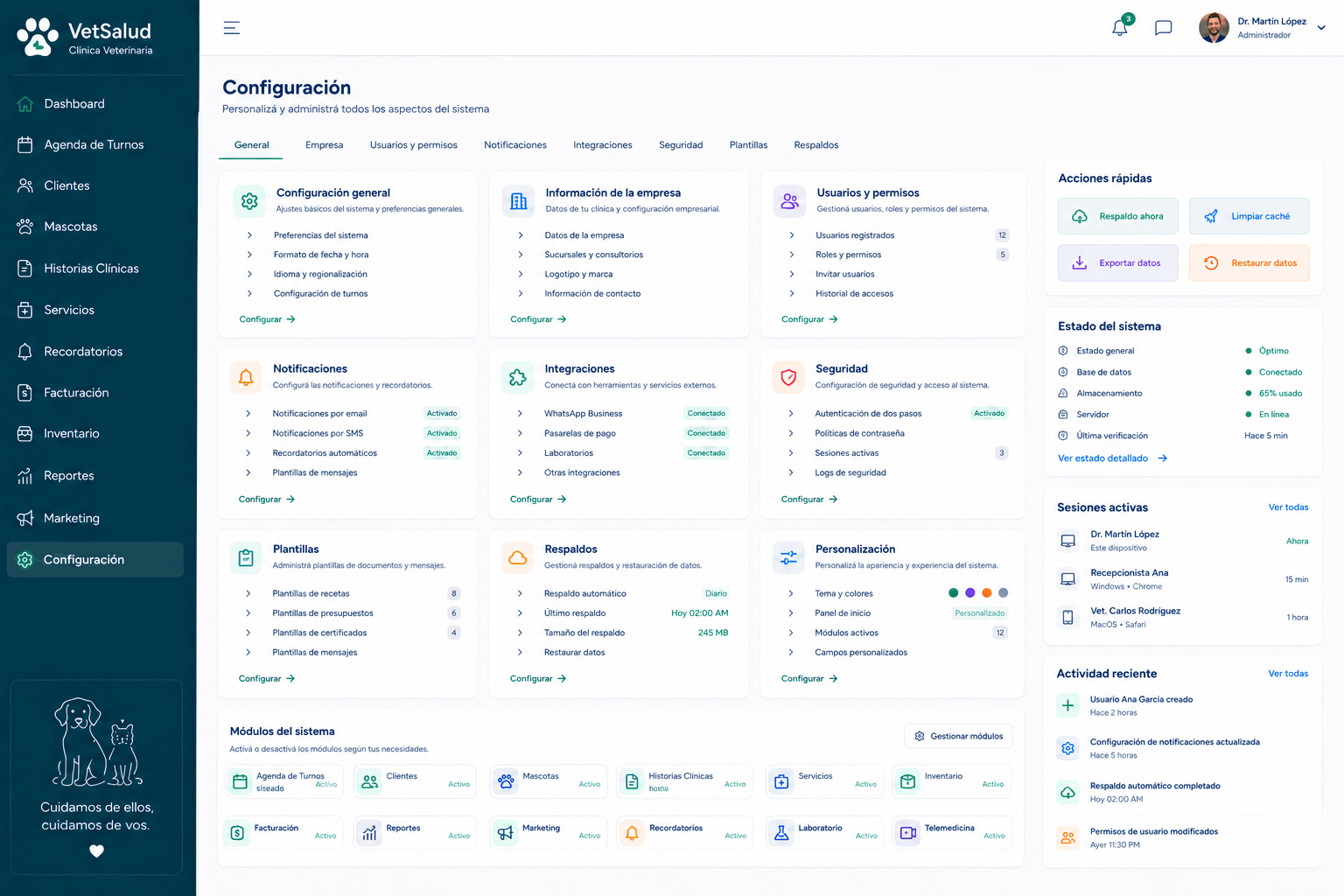 Pantalla de configuración de Vet 360iA con usuarios, roles y permisos de la clínica